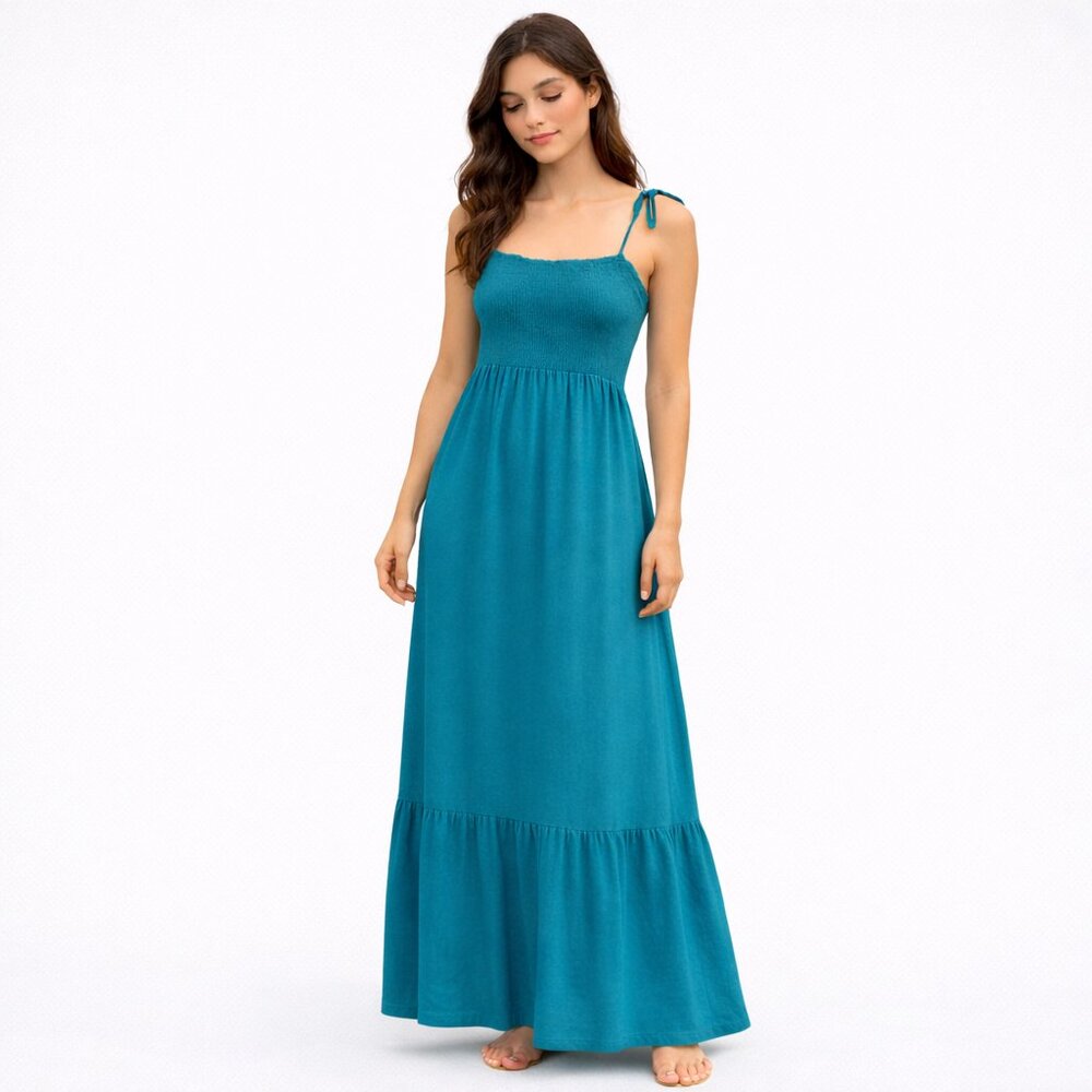 Womens Sleeveless Smocked Maxi Dress Size M Ruffle Teal Cottagecore Fairy Boho